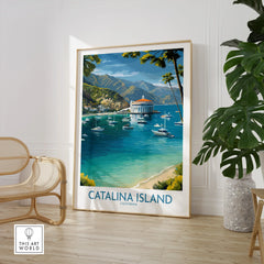 Catalina Island California travel poster framed print, coastal wall art in a modern room with chair and plant