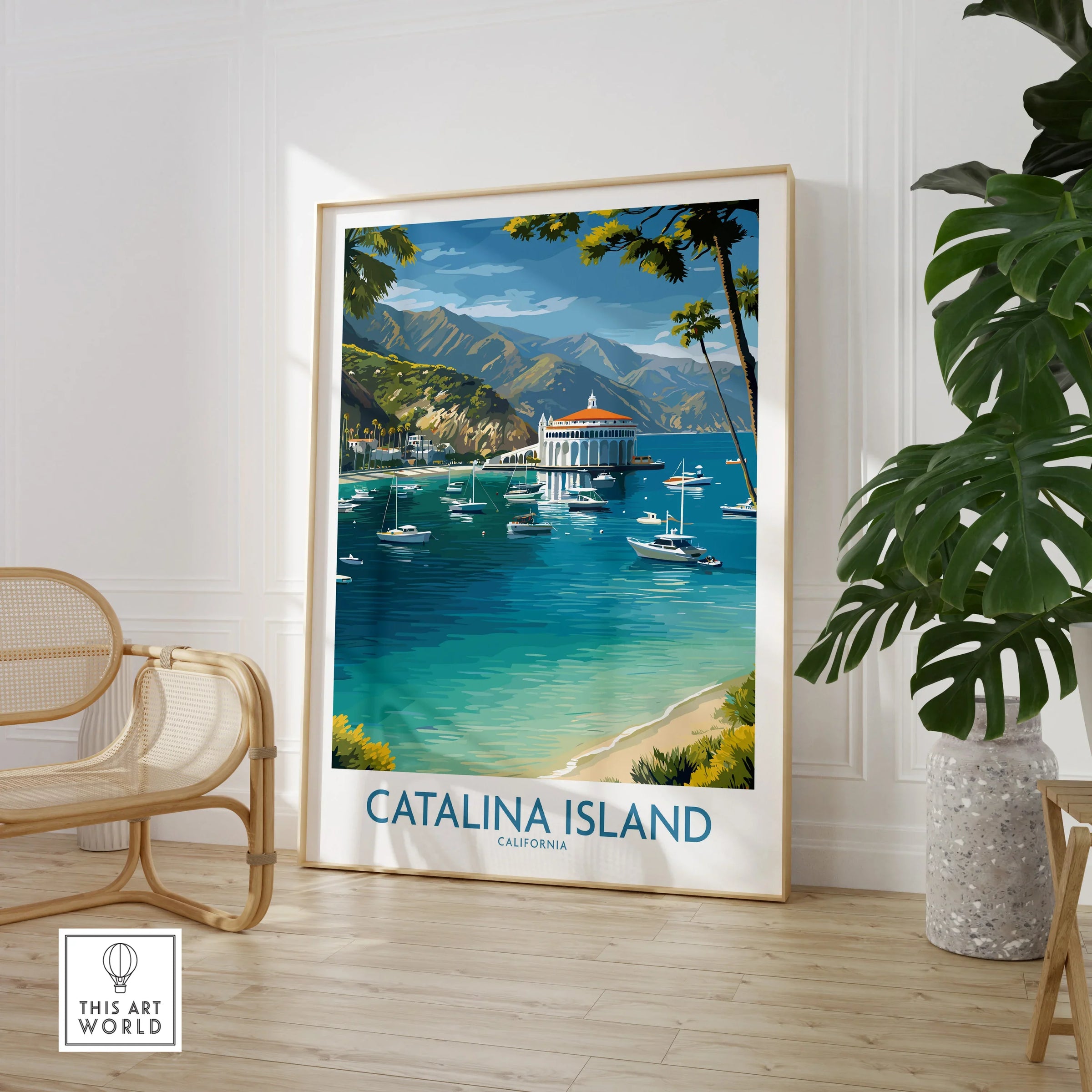 Catalina Island California travel poster framed print, coastal wall art in a modern room with chair and plant