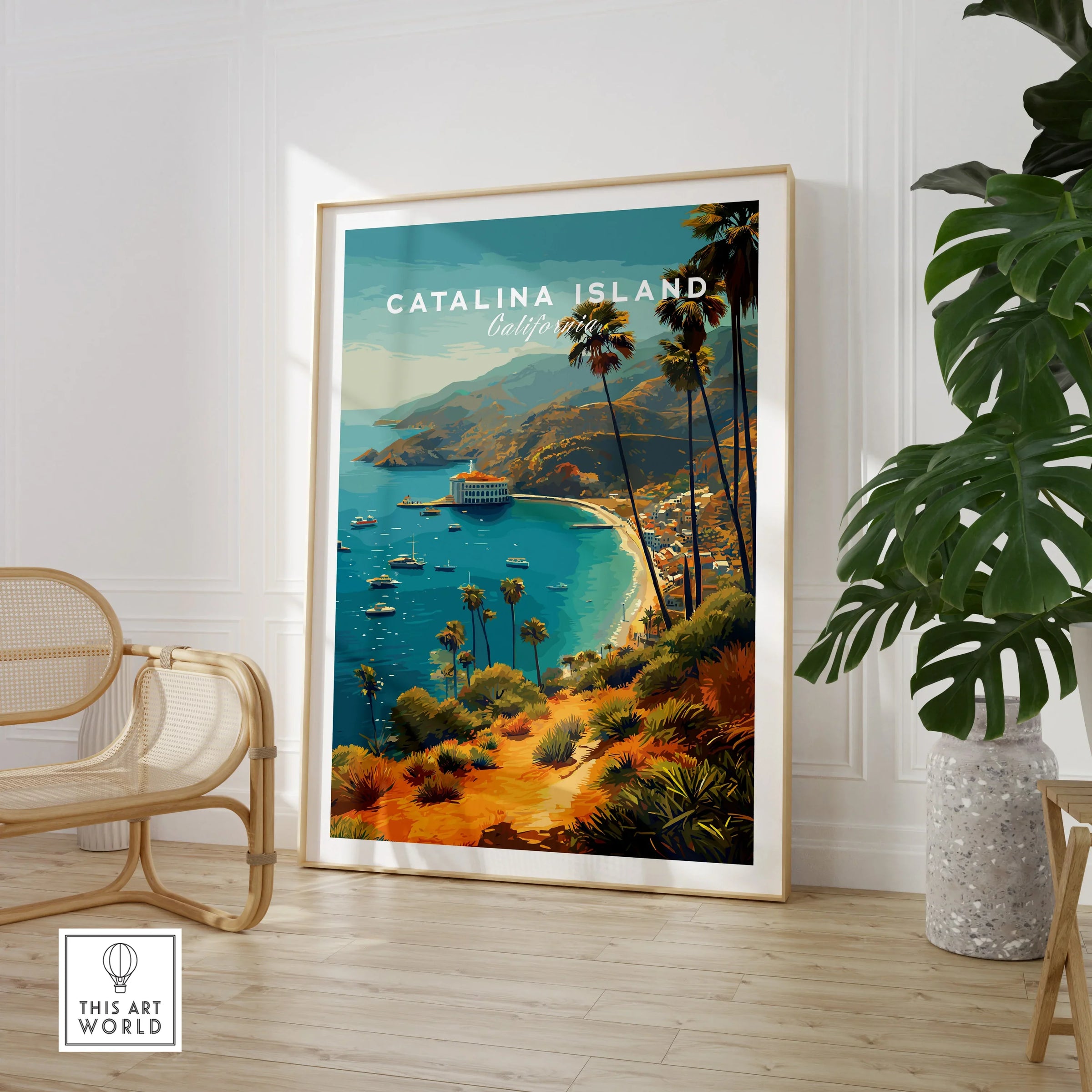 Catalina Island travel poster print in a modern room with chair and plant decor