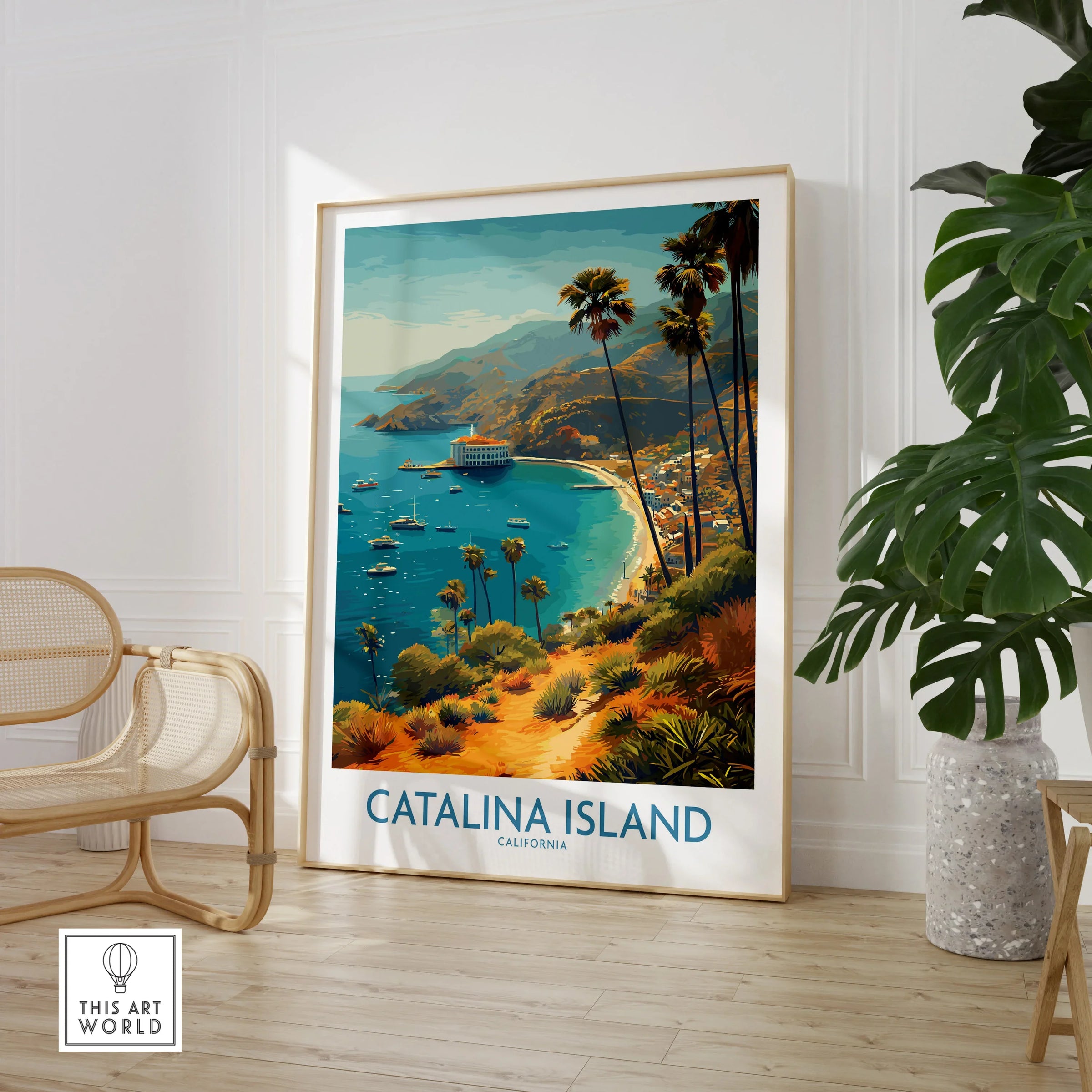 Catalina Island California travel poster in modern room with plant and chair
