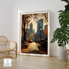 Framed Central Park art print with fall cityscape, styled in modern home decor setting