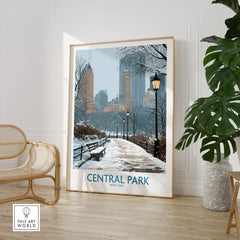 Framed Central Park winter print in modern room with chair and indoor plant