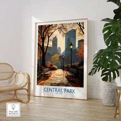 Framed Central Park New York wall art poster in modern room with chair and large plant