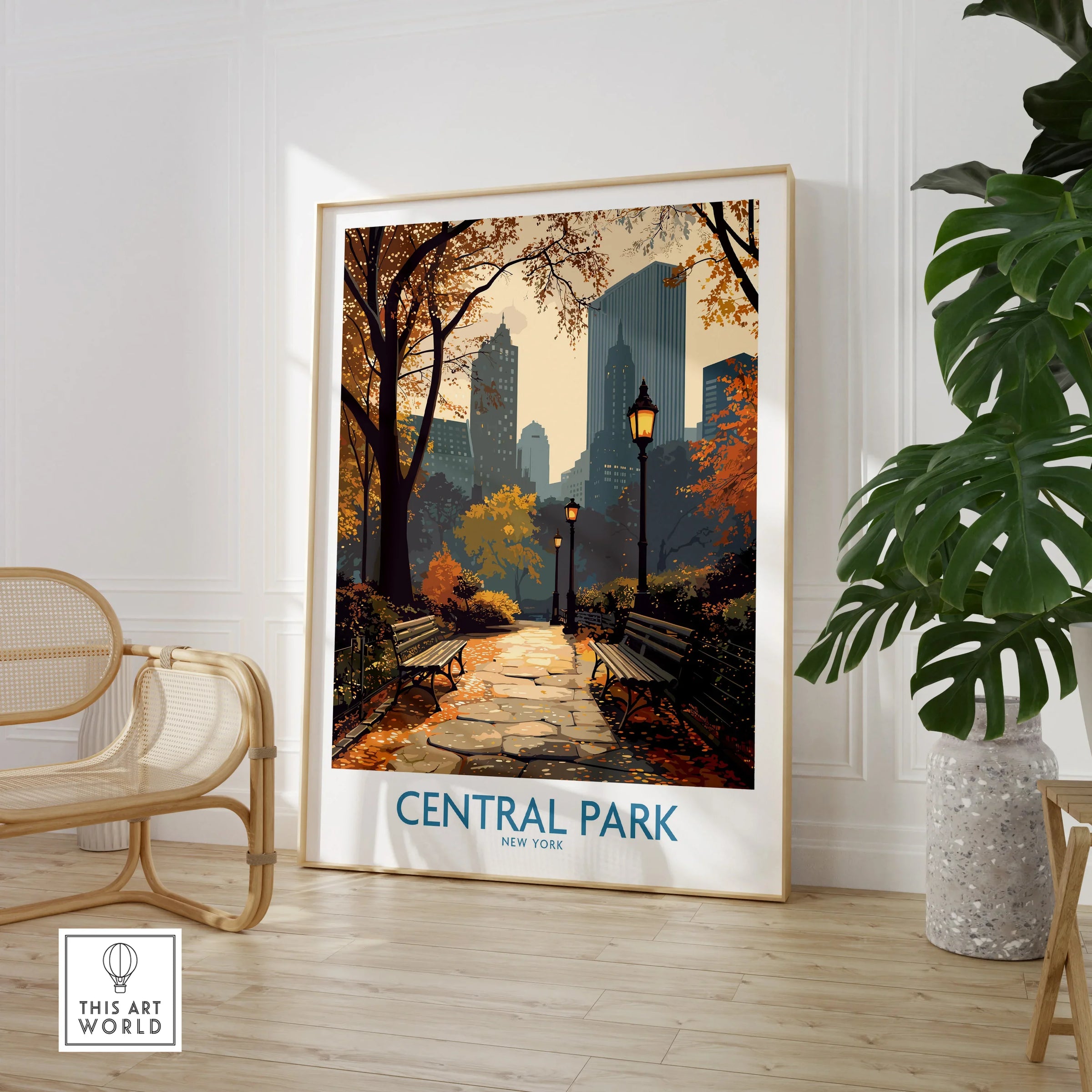 Framed Central Park New York wall art poster in modern room with chair and large plant