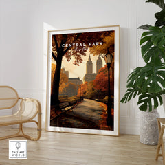 Central Park framed art print with autumn scene in modern room, chair and plant