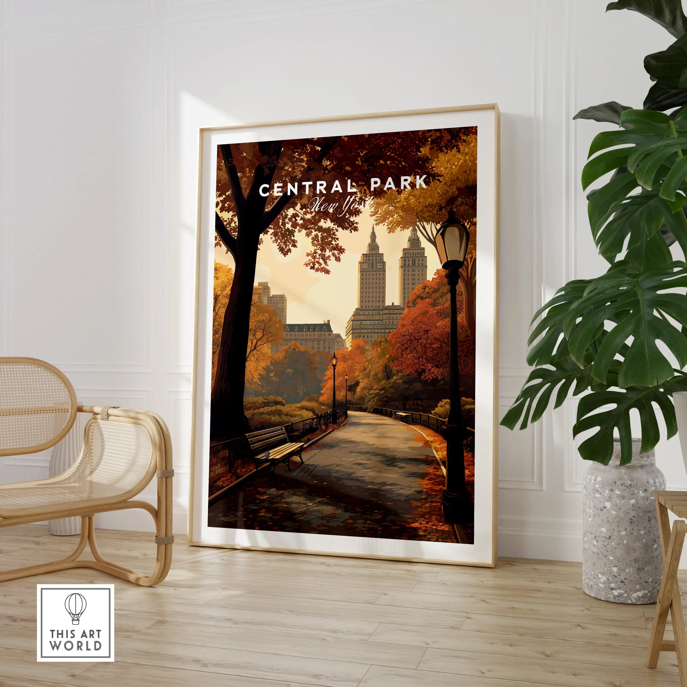 Central Park framed art print with autumn scene in modern room, chair and plant
