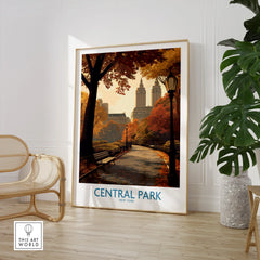 Framed Central Park poster with autumn trees in modern living room decor setting