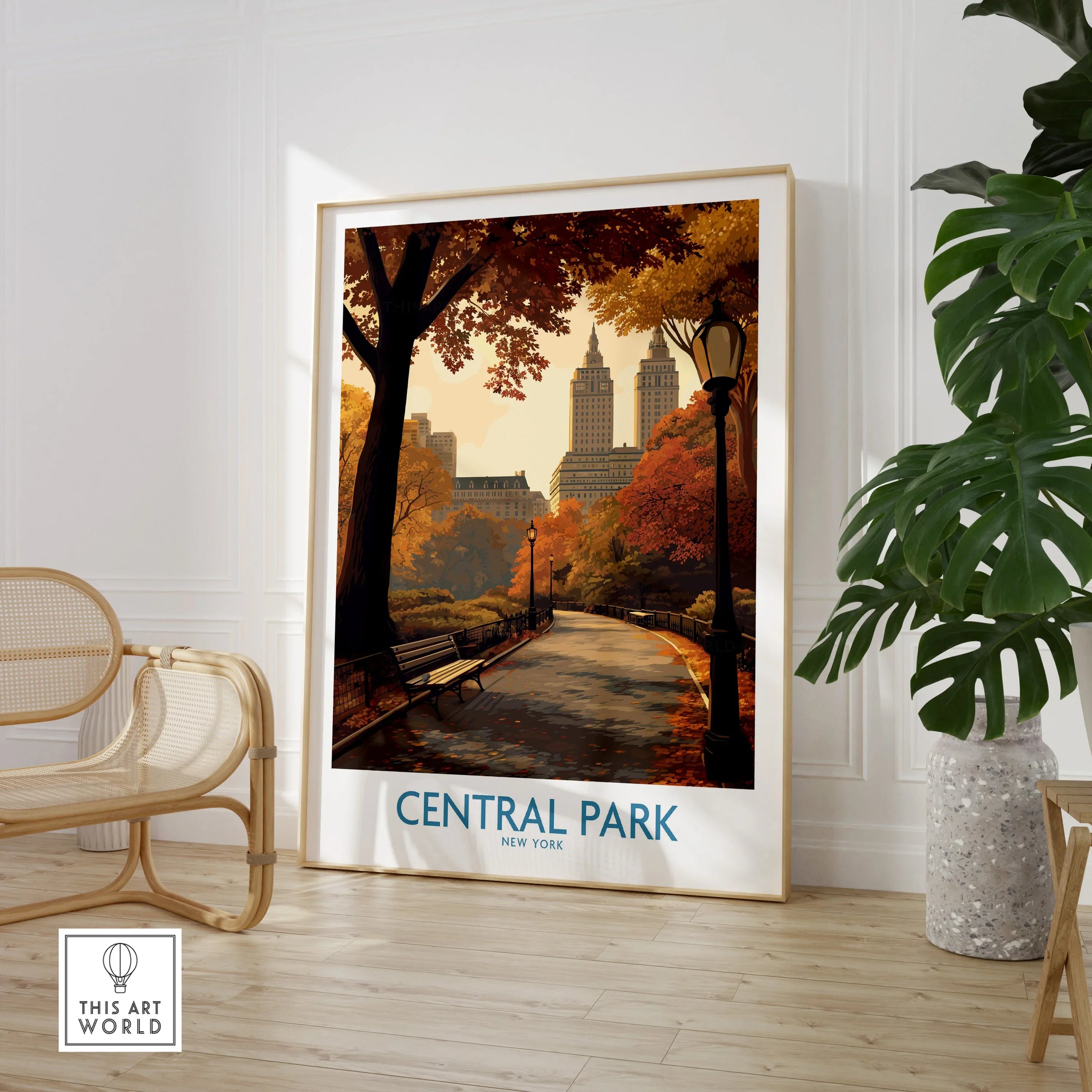 Framed Central Park poster with autumn trees in modern living room decor setting