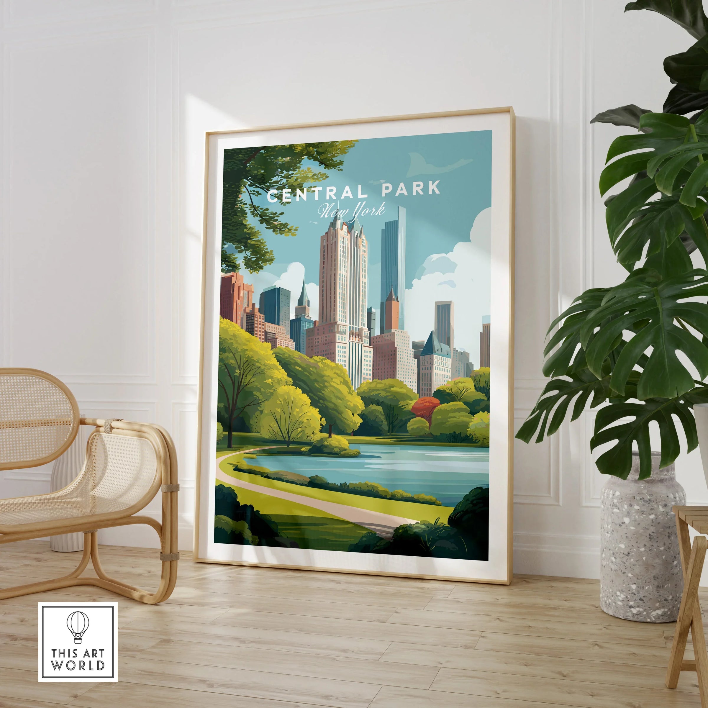 Large framed Central Park New York art print in modern room with chair and plant