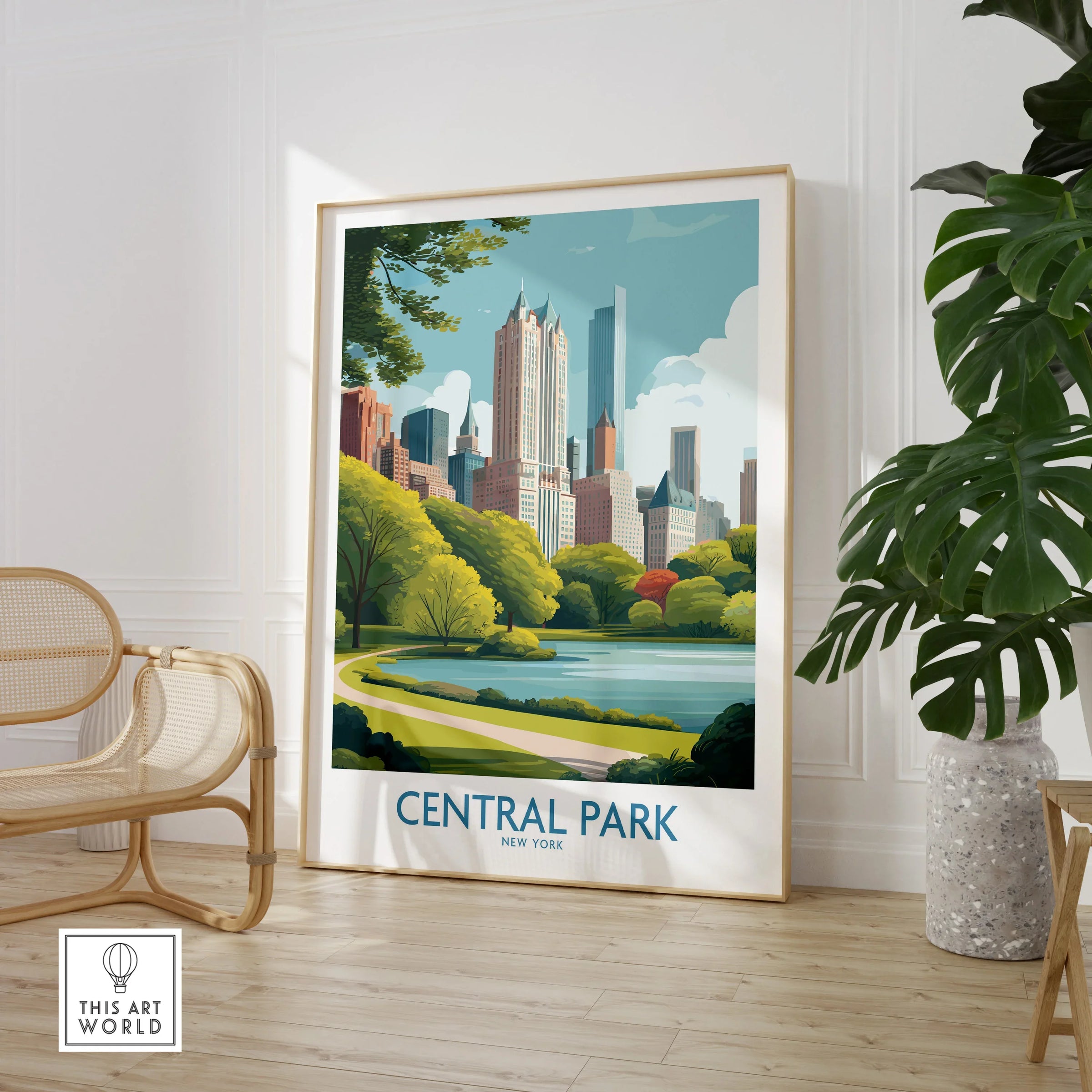 Framed Central Park New York art print in modern room with chair and plant