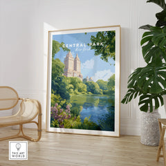 Framed Central Park New York art print in modern room with chair and tropical plant