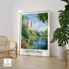 Central Park New York art print in modern room with chair and potted plant