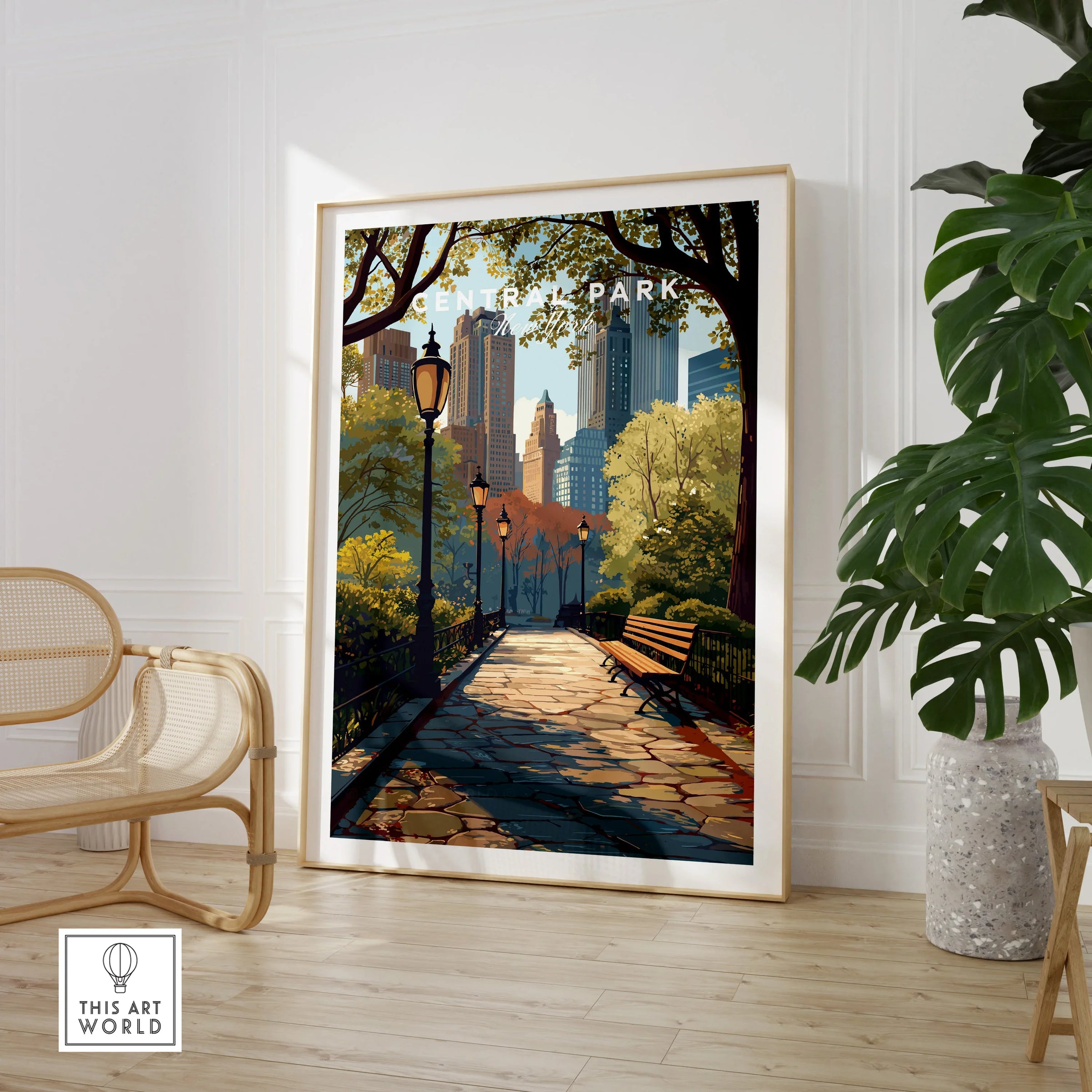 Framed Central Park wall art print in modern room with chair and green plant
