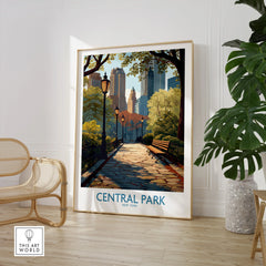 Central Park New York art print in modern room with chair and potted plant