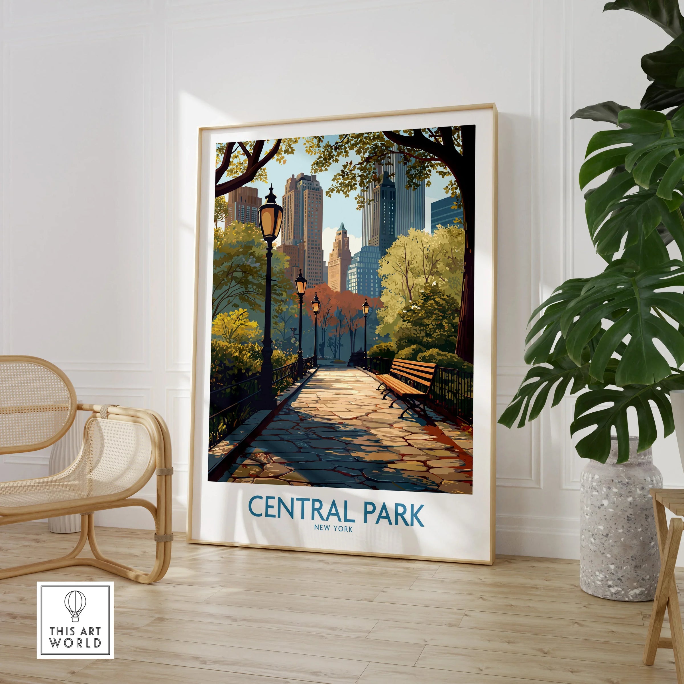 Central Park New York art print in modern room with chair and potted plant