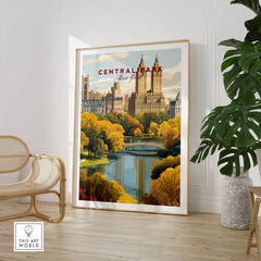 Framed Central Park New York travel poster in modern room with chair and plant