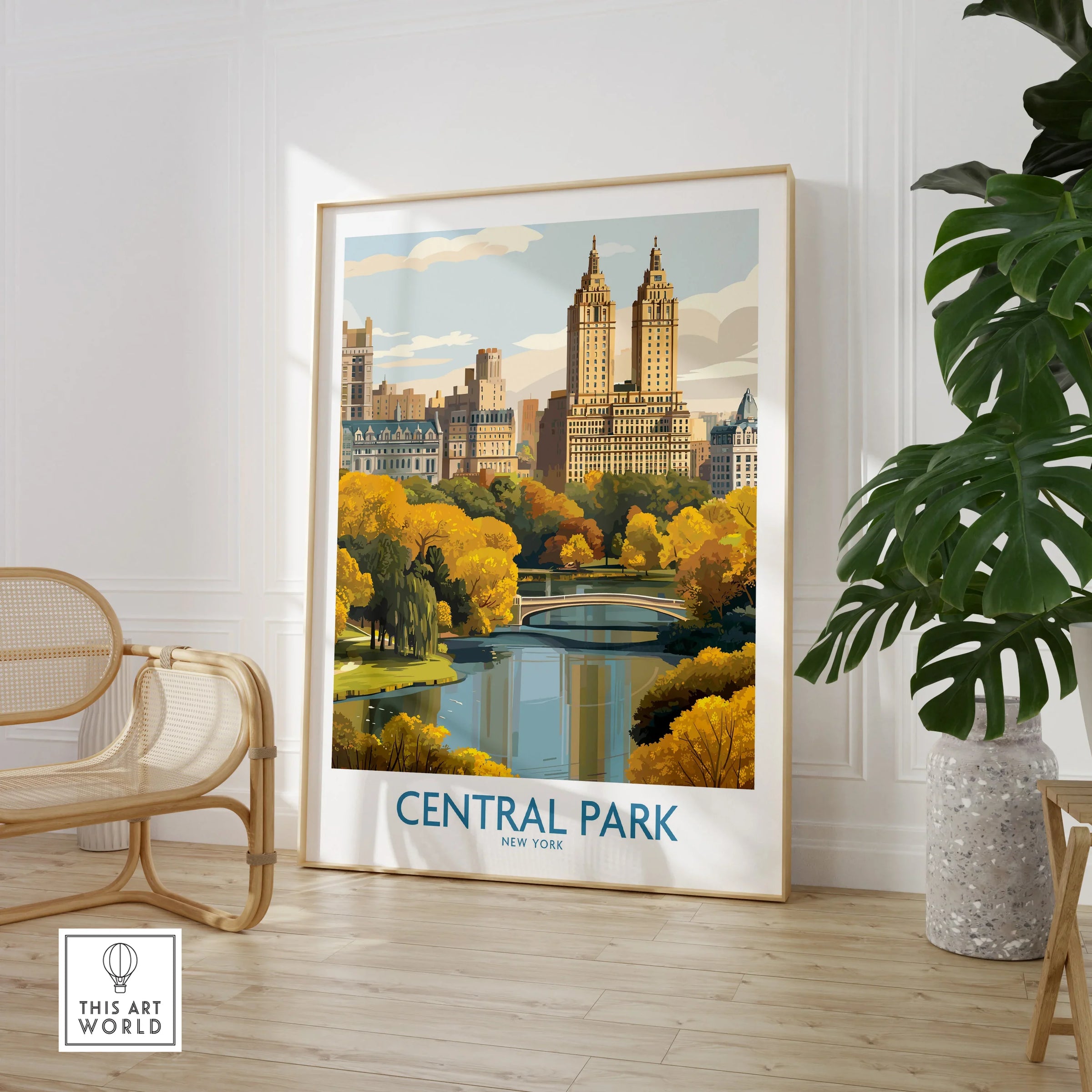 Central Park New York travel poster art print in modern living room with chair and indoor plant