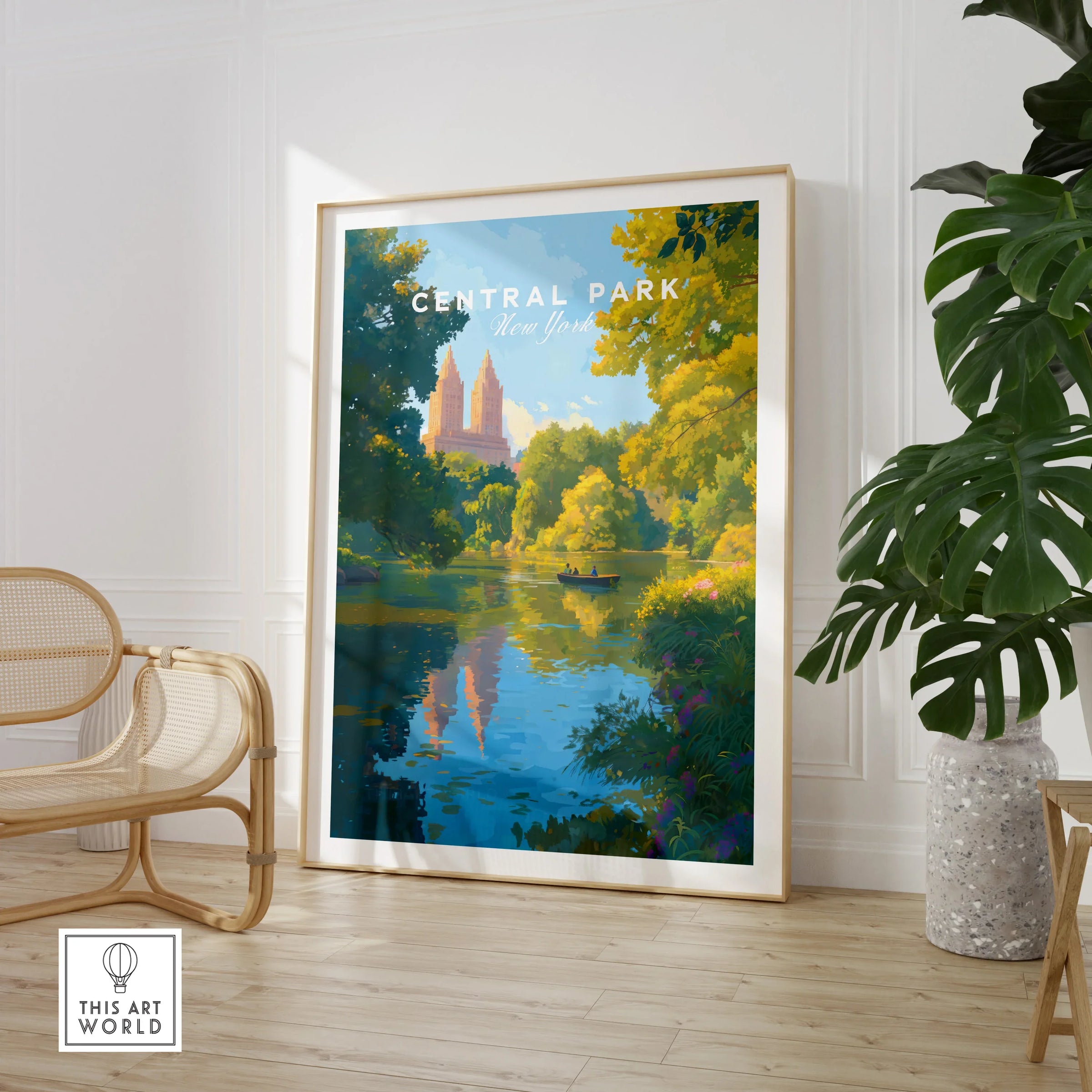 Framed Central Park New York art print in modern room with chair and green plant