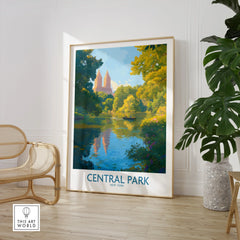 Central Park New York travel poster in a modern room with a chair and green plant