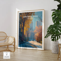 Central Park New York art print with autumn trees, displayed in modern living room with chair and plant