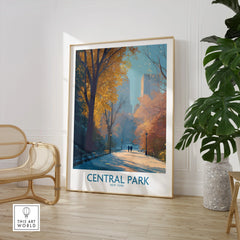 Central Park New York art print in modern room with chair and potted plant