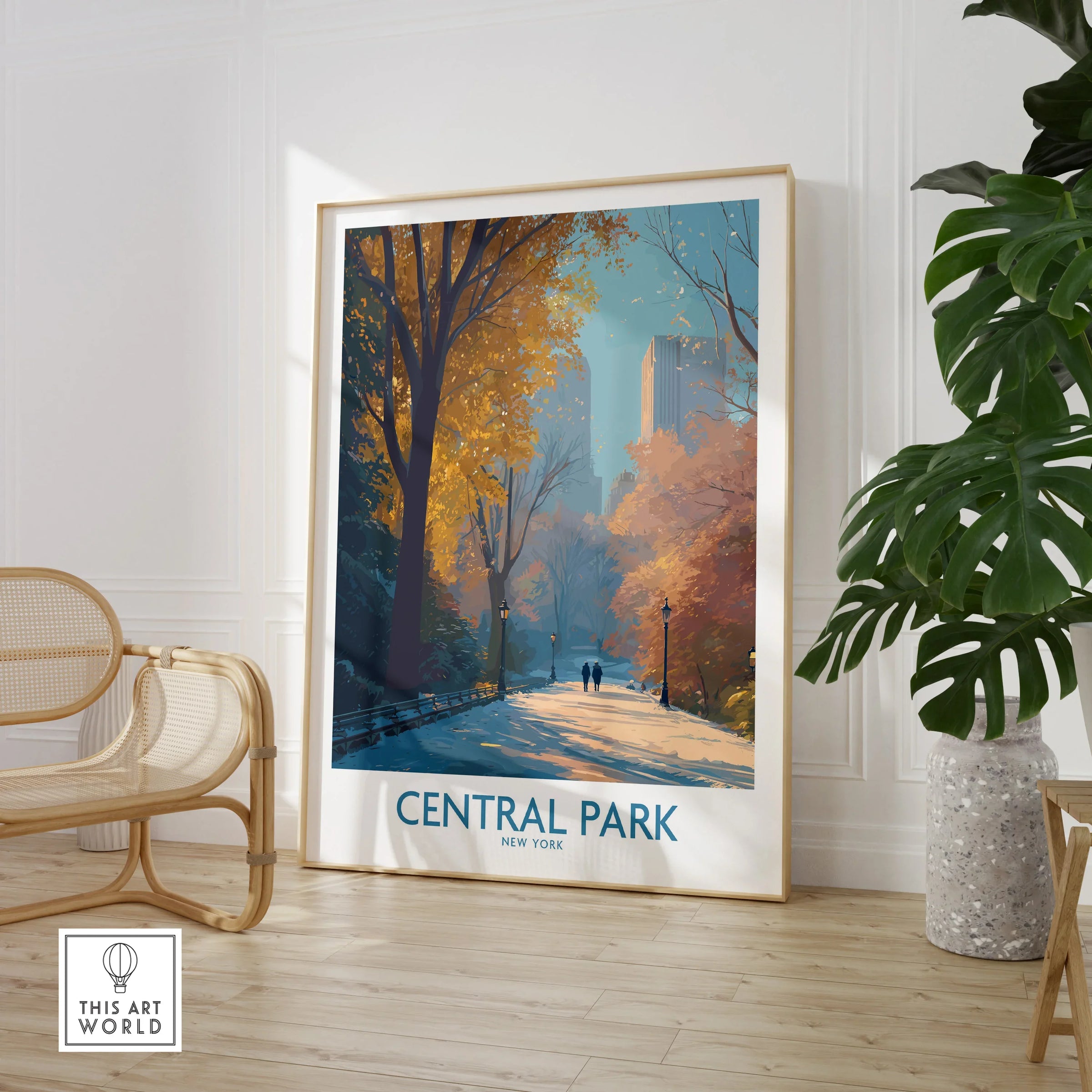 Central Park New York art print in modern room with chair and potted plant