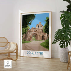 Colchester England travel poster print in modern room with plant and chair