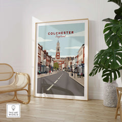 Colchester England travel poster wall art in a modern room with a chair and plant