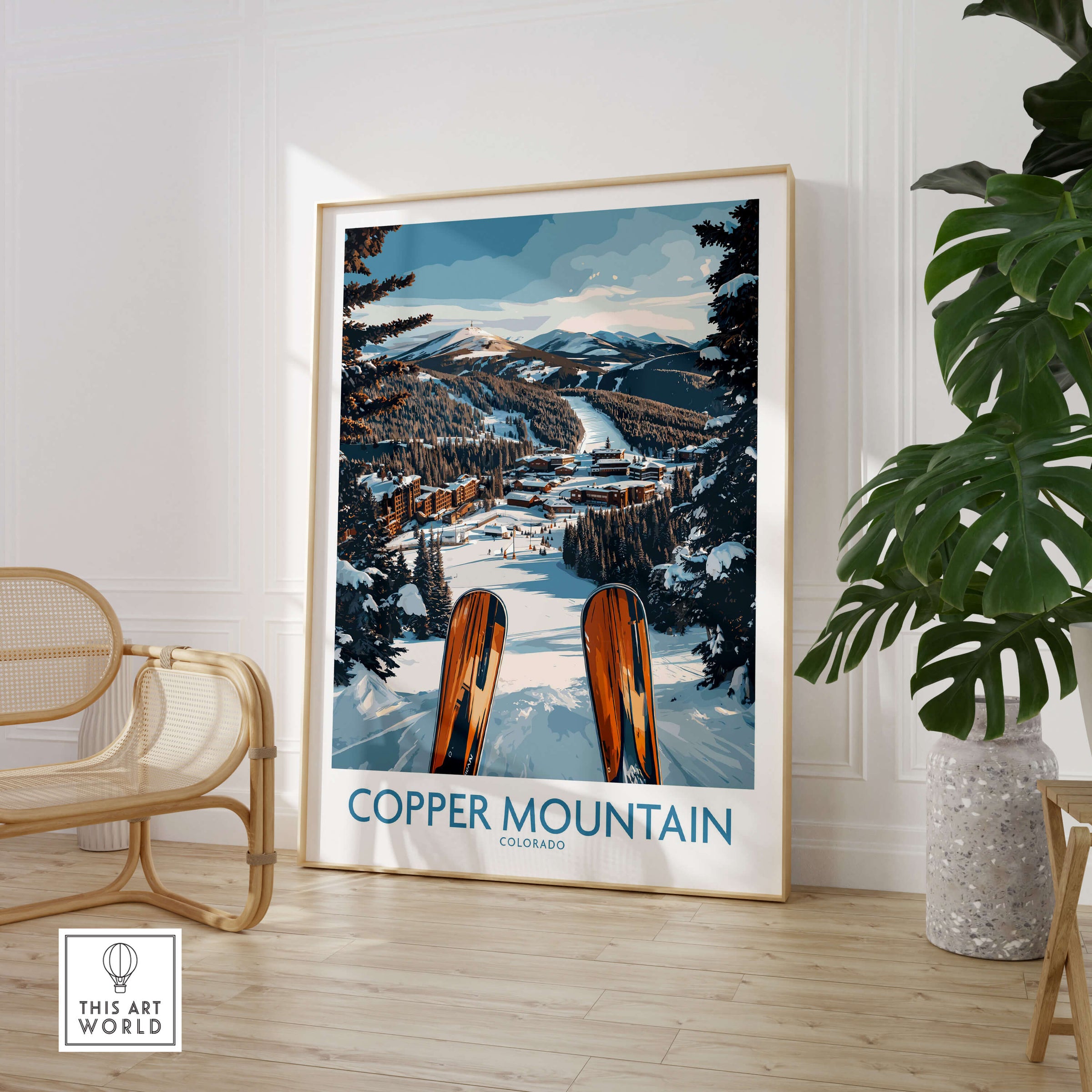Copper Mountain Colorado Wall Art – Winter Ski Resort Print featuring a snowy landscape and ski equipment.