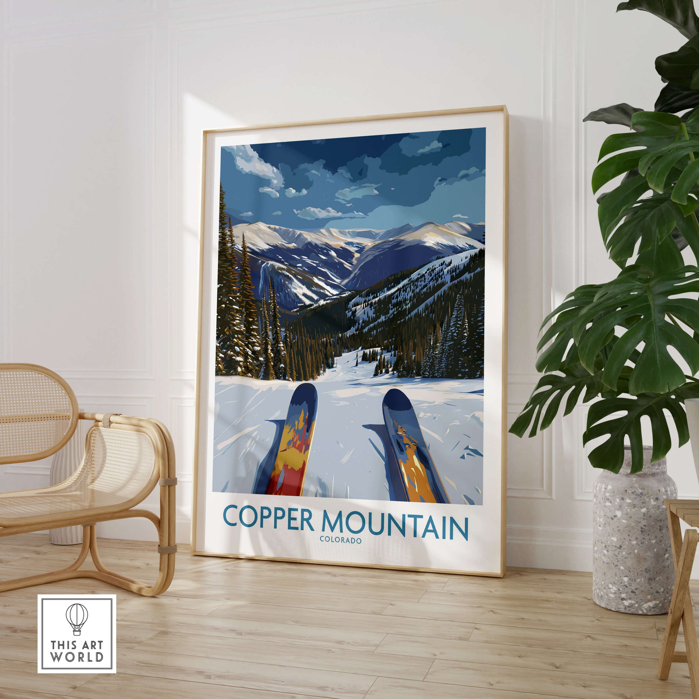 Copper Mountain Colorado Wall Art – Snowy Peak Winter Sports Print displayed in a cozy interior setting with mountain views.