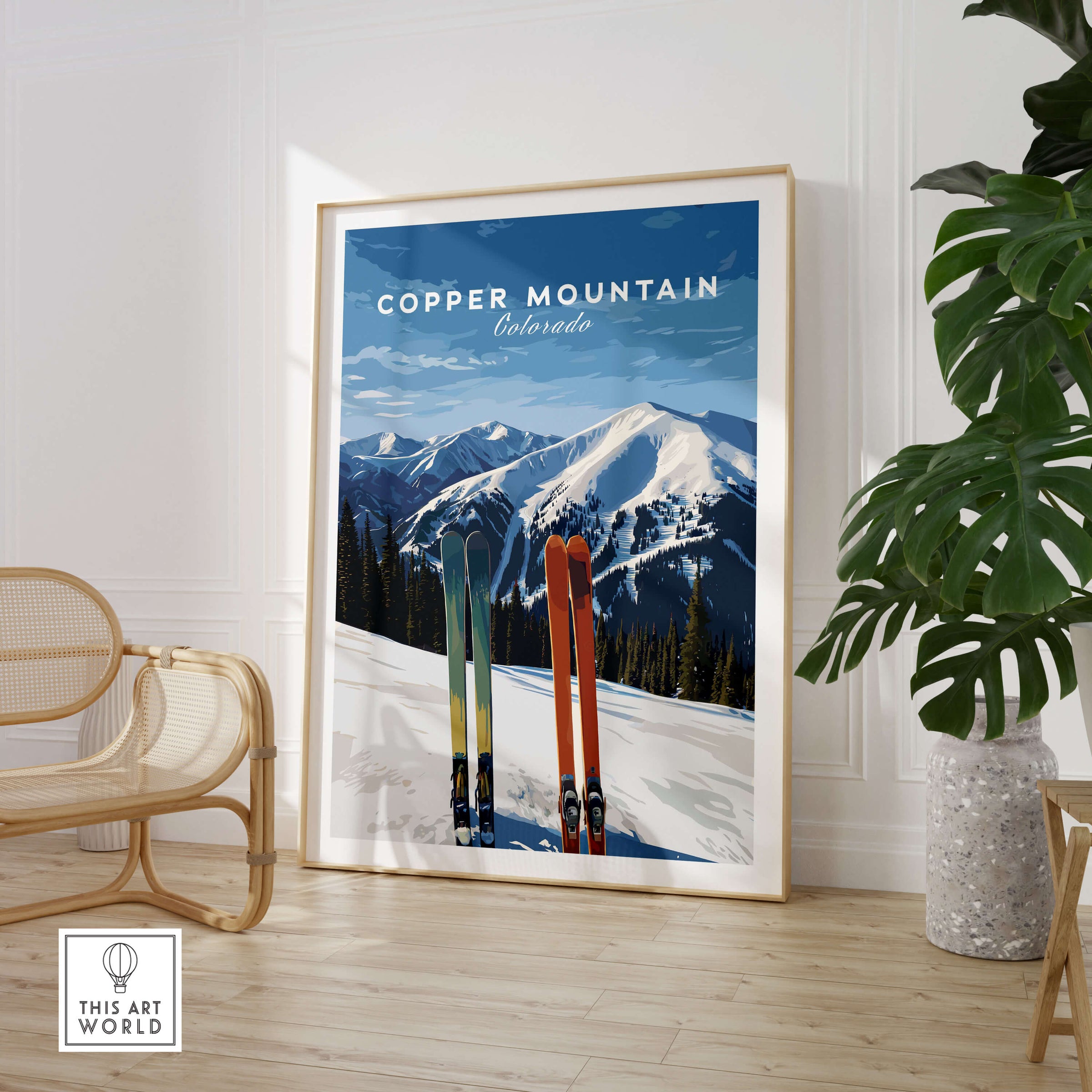 Copper Mountain Travel Poster – Colorado Mountain Summit & Ski Art Print featuring ski poles in front of majestic mountain scenery.