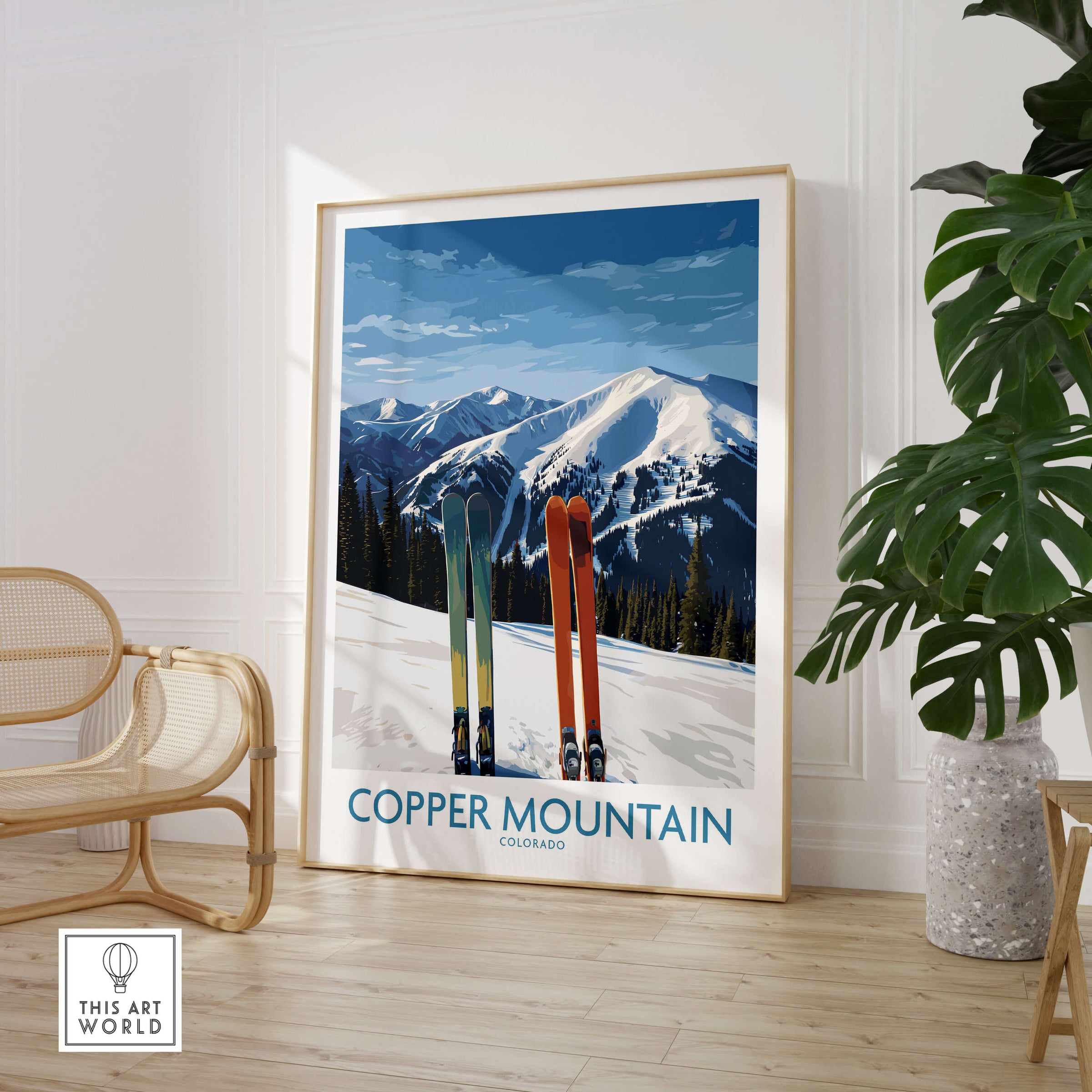 Copper Mountain Ski Wall Art Ski Print featuring ski gear against a backdrop of snowy mountains in Colorado.