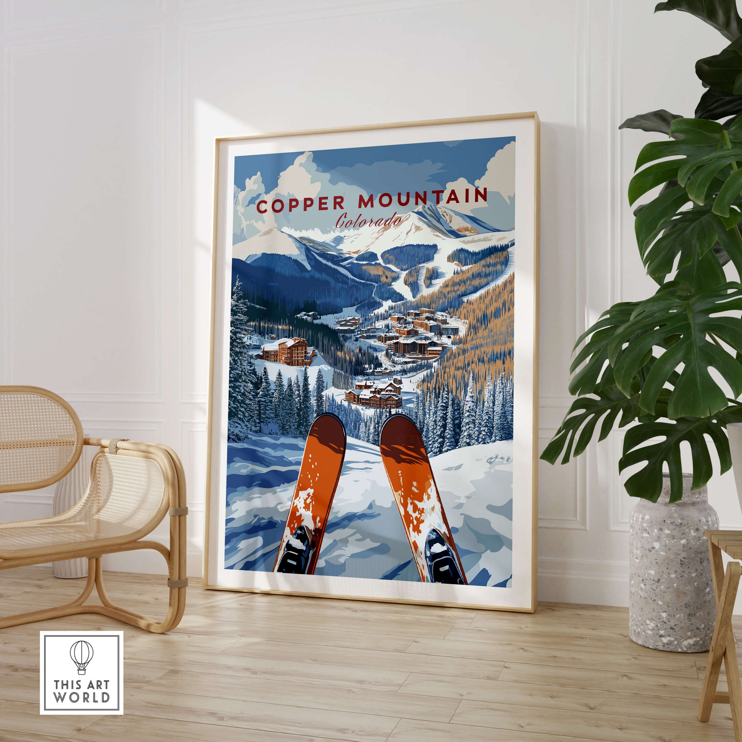 Copper Mountain Ski Poster – Winter Ski Village & Snowy Mountain Art displayed in a stylish interior setting with vintage skis.