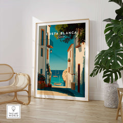 Costa Blanca Spain Print – Iconic White Village & Mediterranean Architecture Wall Decor in stylish interior setting.