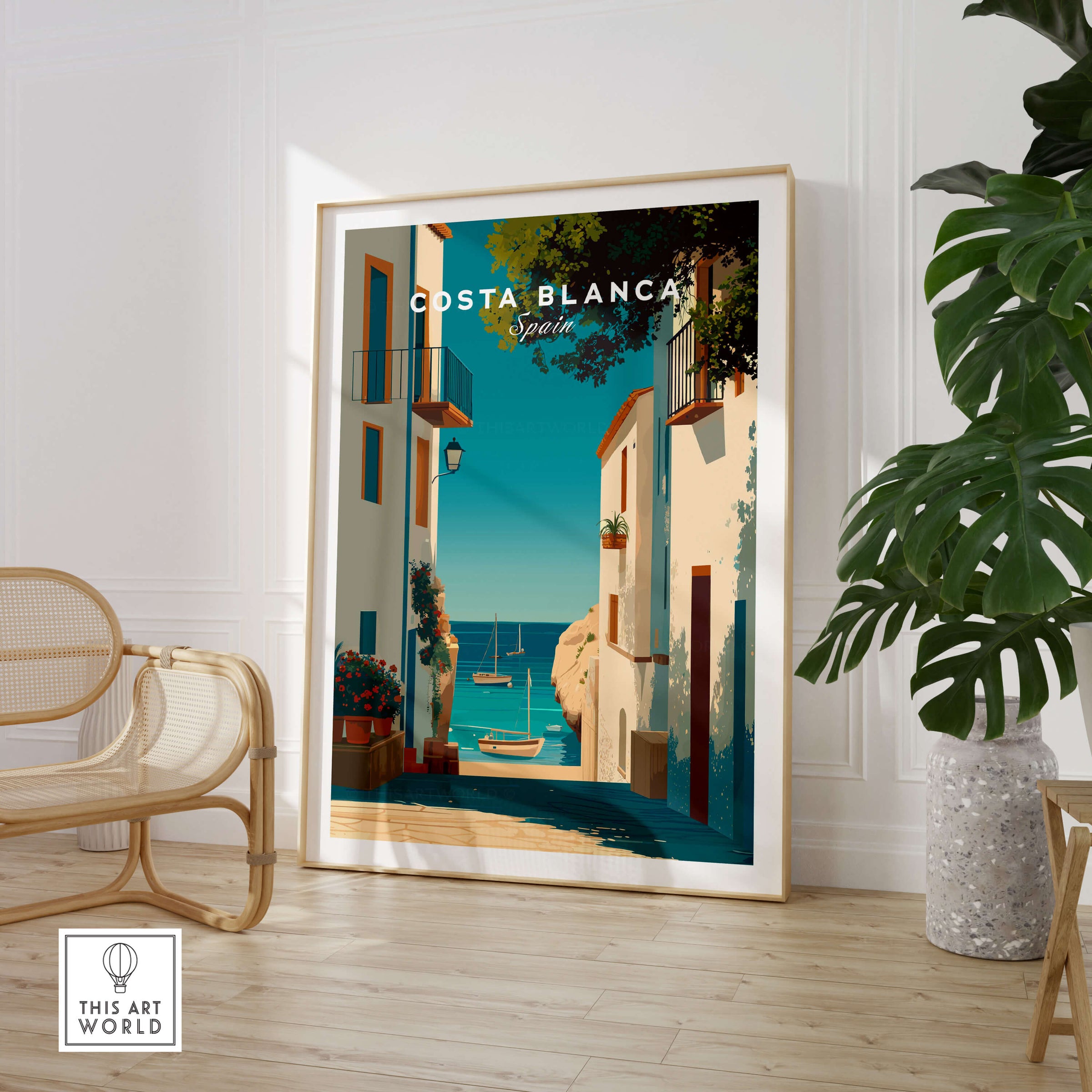 Costa Blanca Spain Print – Iconic White Village & Mediterranean Architecture Wall Decor in stylish interior setting.