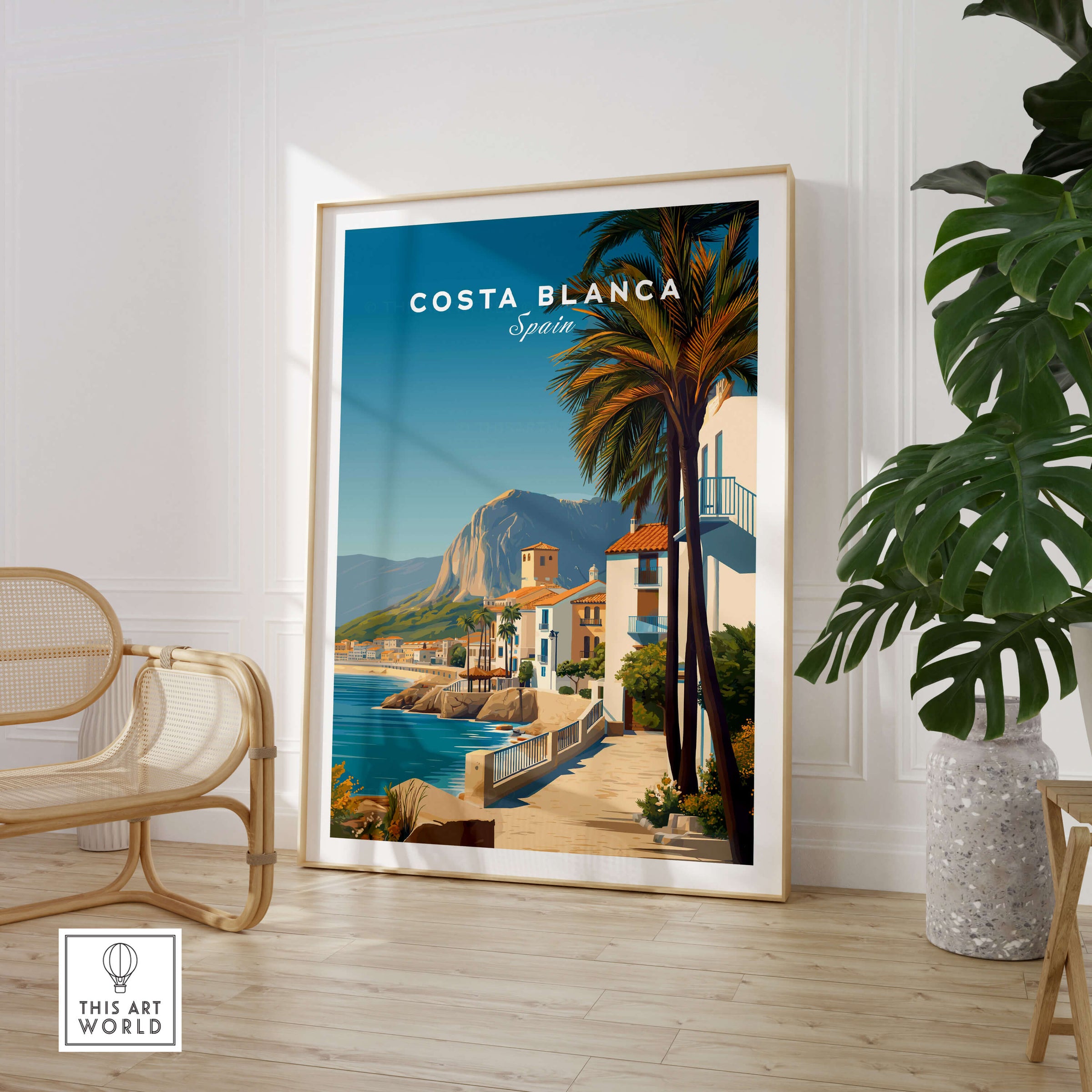 Costa Blanca Travel Poster - Spain Canvas Print featuring coastal town and Mediterranean landscapes.