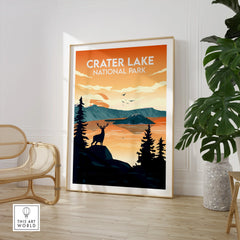 Crater Lake National Park art print framed in modern room with chair and green plant