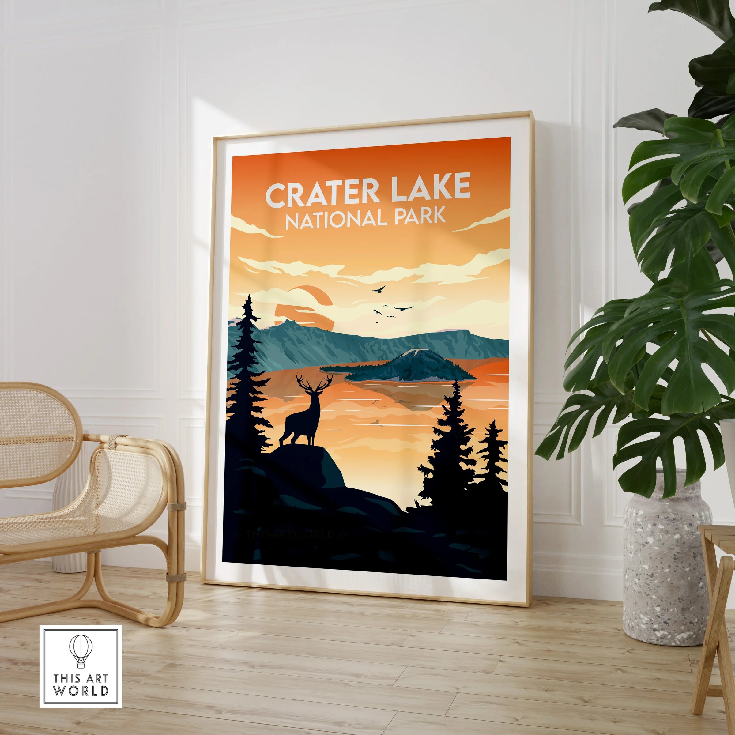 Crater Lake National Park art print framed in modern room with chair and green plant