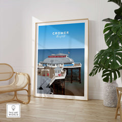 Cromer Travel Poster – Norfolk Pier & Pavilion Theatre Landmark Art displayed in a modern living room setting.