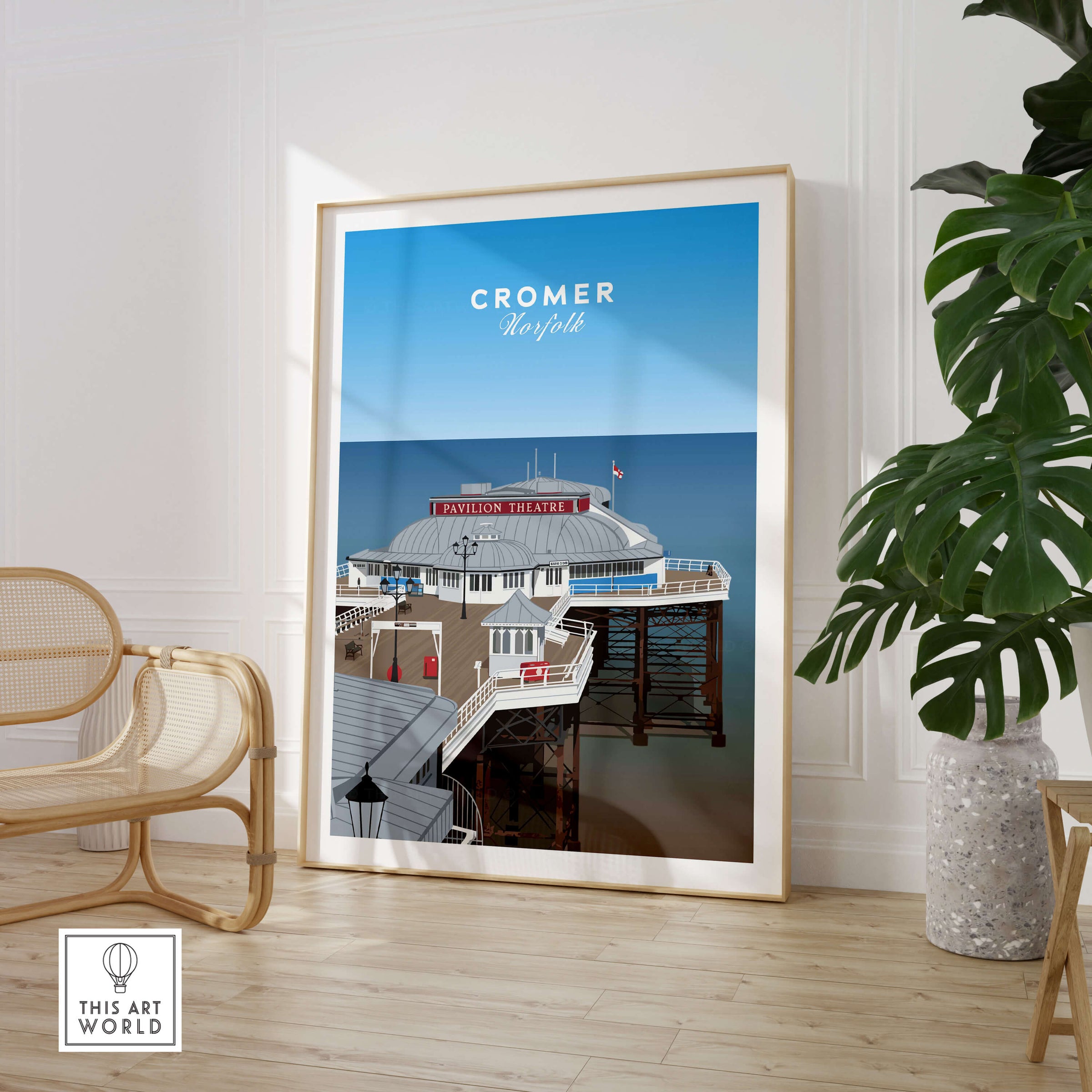 Cromer Travel Poster – Norfolk Pier & Pavilion Theatre Landmark Art displayed in a modern living room setting.