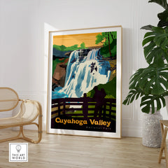 Framed Cuyahoga Valley National Park waterfall print in modern living room decor setting