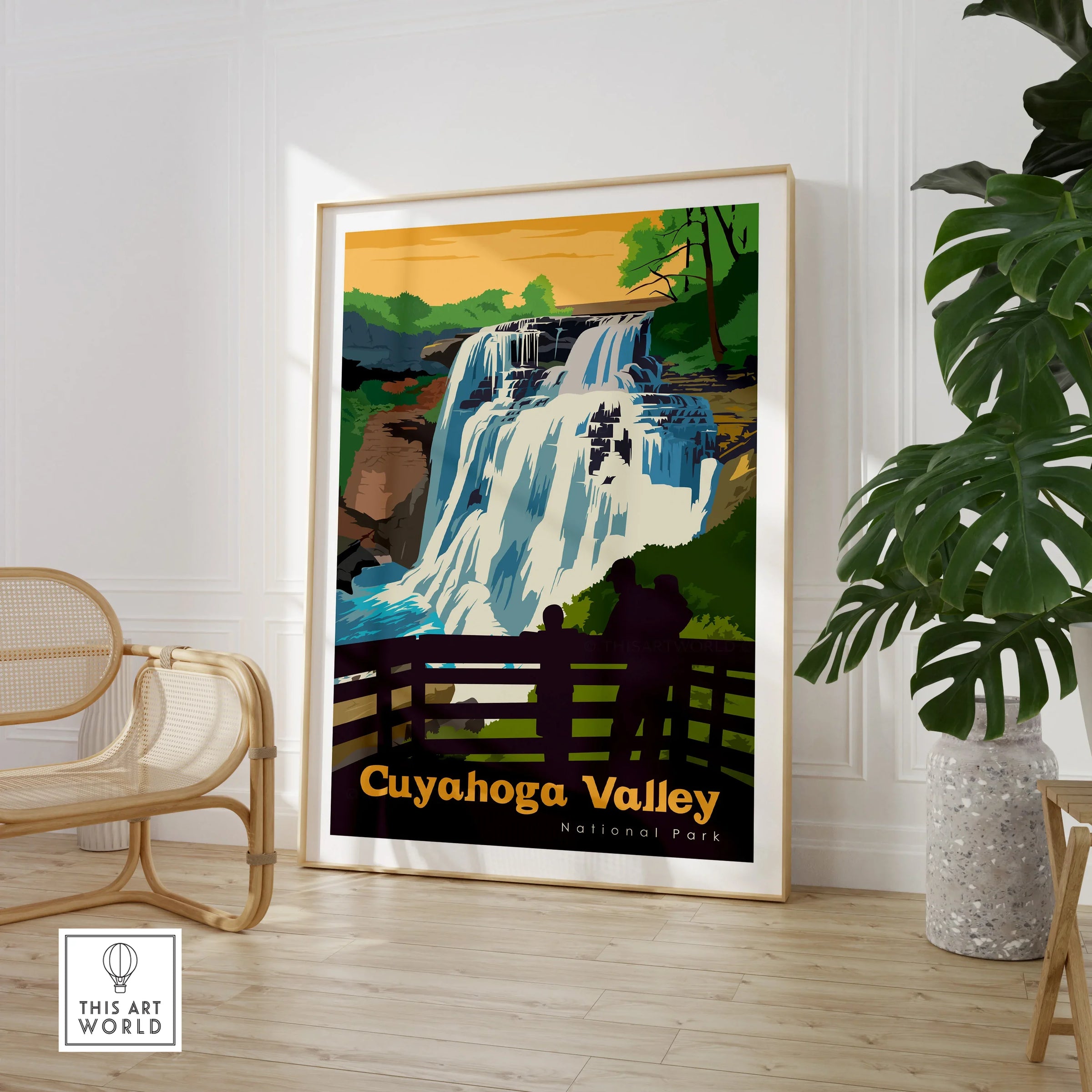 Framed Cuyahoga Valley National Park waterfall print in modern living room decor setting