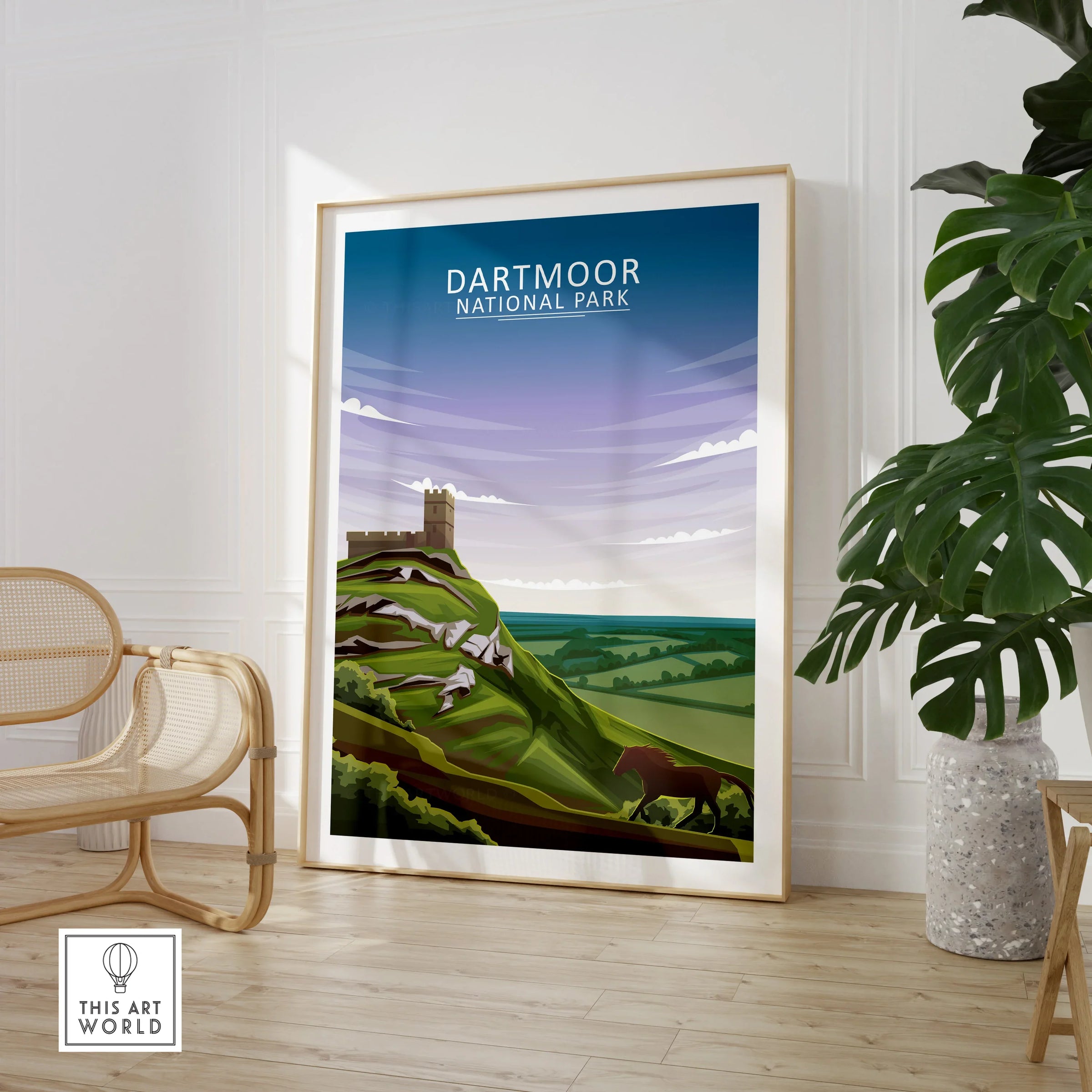 Framed Dartmoor National Park travel poster with landscape art in modern living room setting