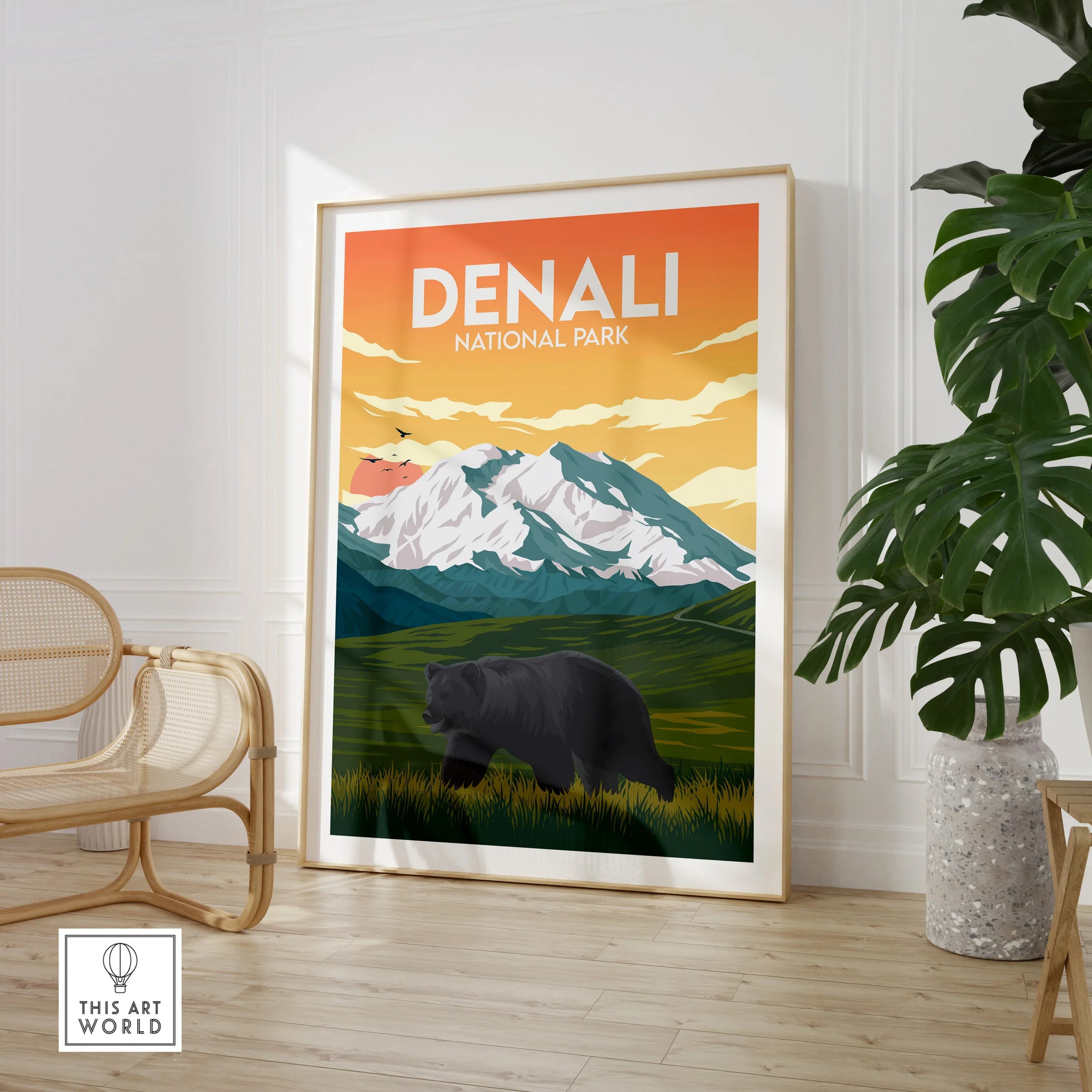 Denali National Park print with mountain, bear, and sunset in modern living room decor