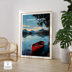 Derwentwater Travel Poster – Lake District Art Print displayed in a stylish interior featuring a red boat on tranquil waters.