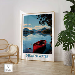 Derwentwater Cumbria Wall Art – Mountain Lake Landscape Print featuring a red boat on serene lake water.