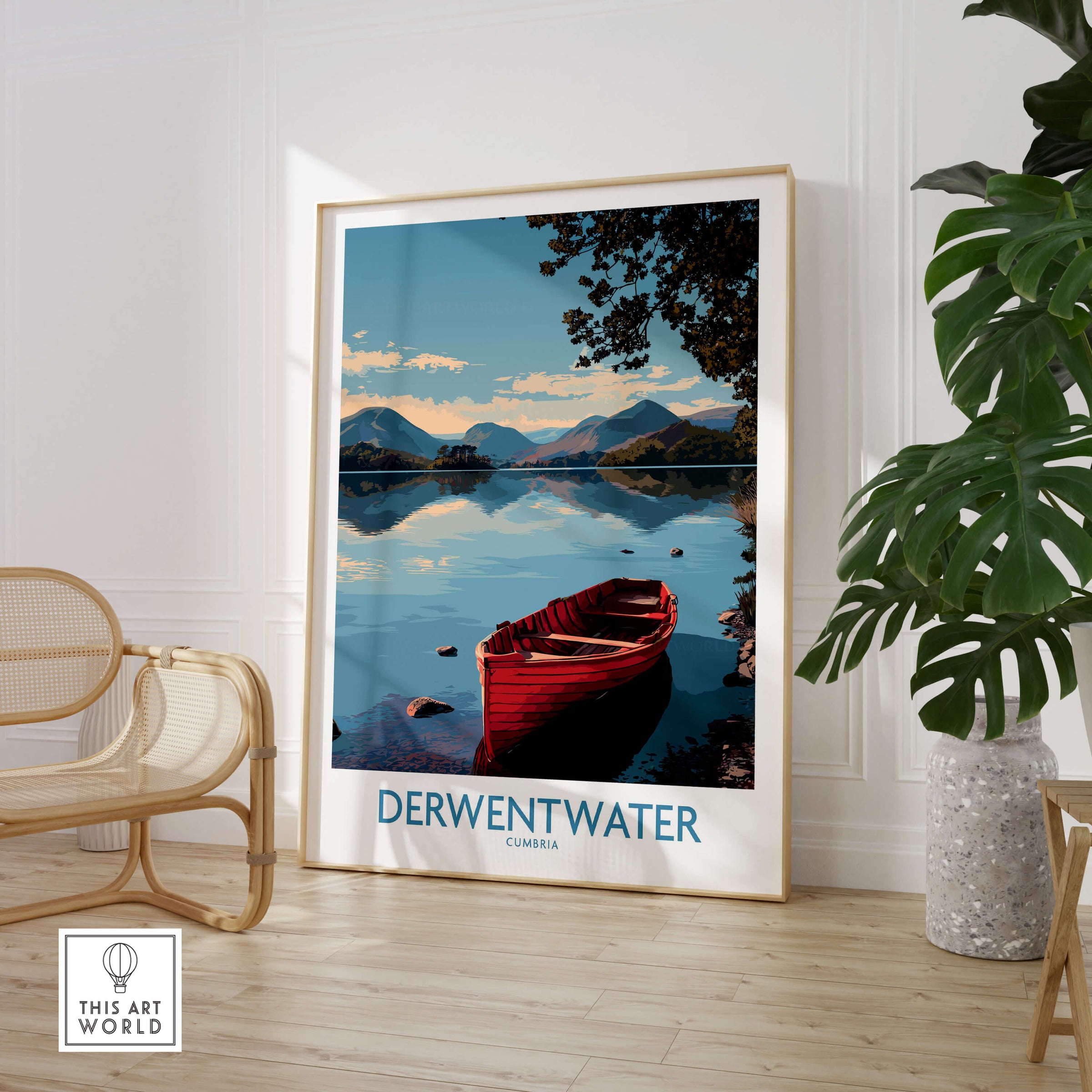 Derwentwater Cumbria Wall Art – Mountain Lake Landscape Print featuring a red boat on serene lake water.