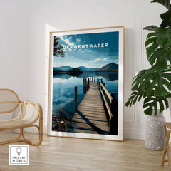 Derwentwater Travel Poster – Lake District Canvas Print featuring a serene lake and mountains in a stylish home setting.