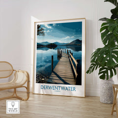 Derwentwater Cumbria Wall Art – Scenic Lake Pier Art Print featuring serene lake view with pier and mountains.