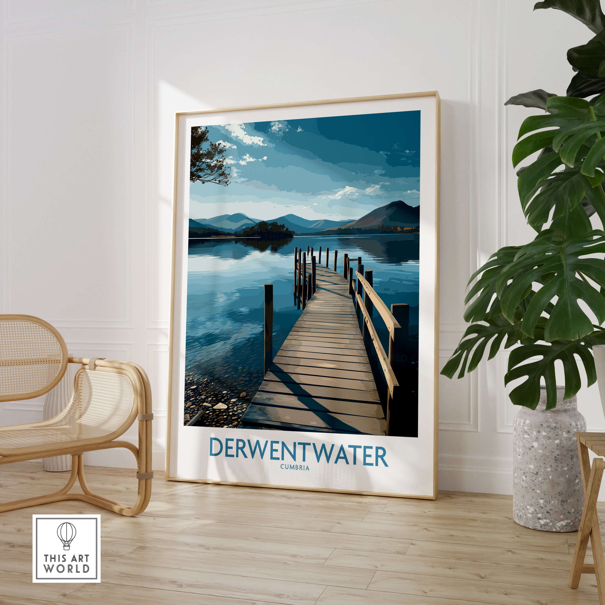 Derwentwater Cumbria Wall Art – Scenic Lake Pier Art Print featuring serene lake view with pier and mountains.